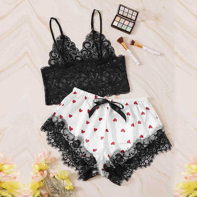 2 Pieces Sweet Heart Print Sexy Underwear Lace Short Sleeve Satin Sexy Lingerie Suit