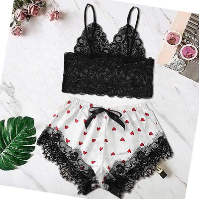 2 Pieces Sweet Heart Print Sexy Underwear Lace Short Sleeve Satin Sexy Lingerie Suit